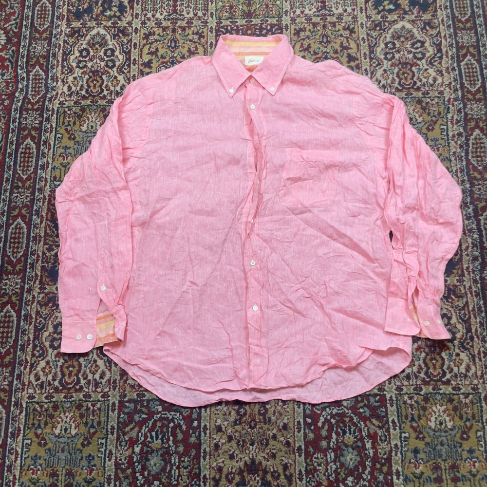 Brioni Mens Pink 100% Linen Button Down Shirt Made in Italy Size 6 L-XL Light